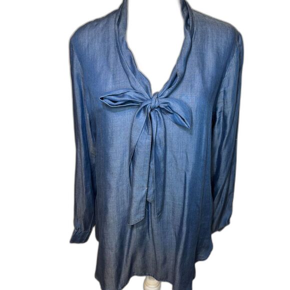 Maison Jules Womens Blue Denim Sailor Pullover Blouse Long Sleeve - Picture 2 of 6